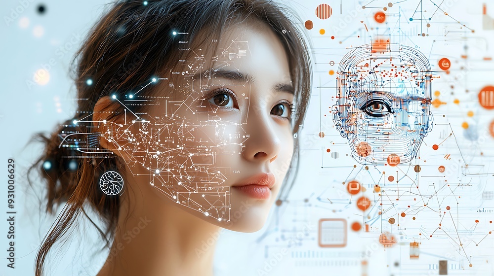 Poster a woman's face with a digital network and circuitry overlay, symbolizing technological integration.