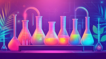 A vibrant laboratory scene featuring colorful beakers and flasks, surrounded by lush greenery in a modern abstract style.