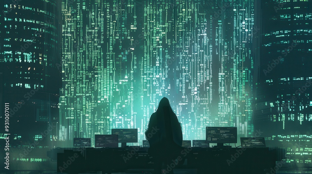 Poster a person in a hoodie focuses intently on a large screen displaying cascading matrix-like code amidst