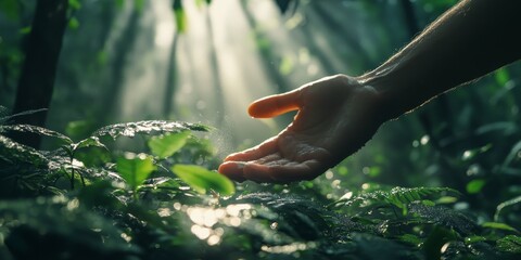 a hand collecting samples in a lush forest, with sunlight filtering through the trees
