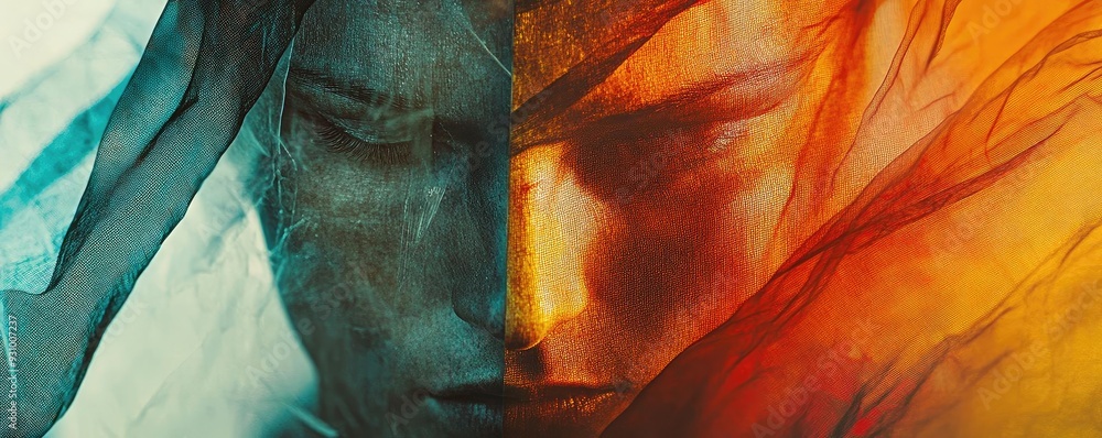 Poster a stunning abstract representation of emotions through color and light, blending orange and blue ton