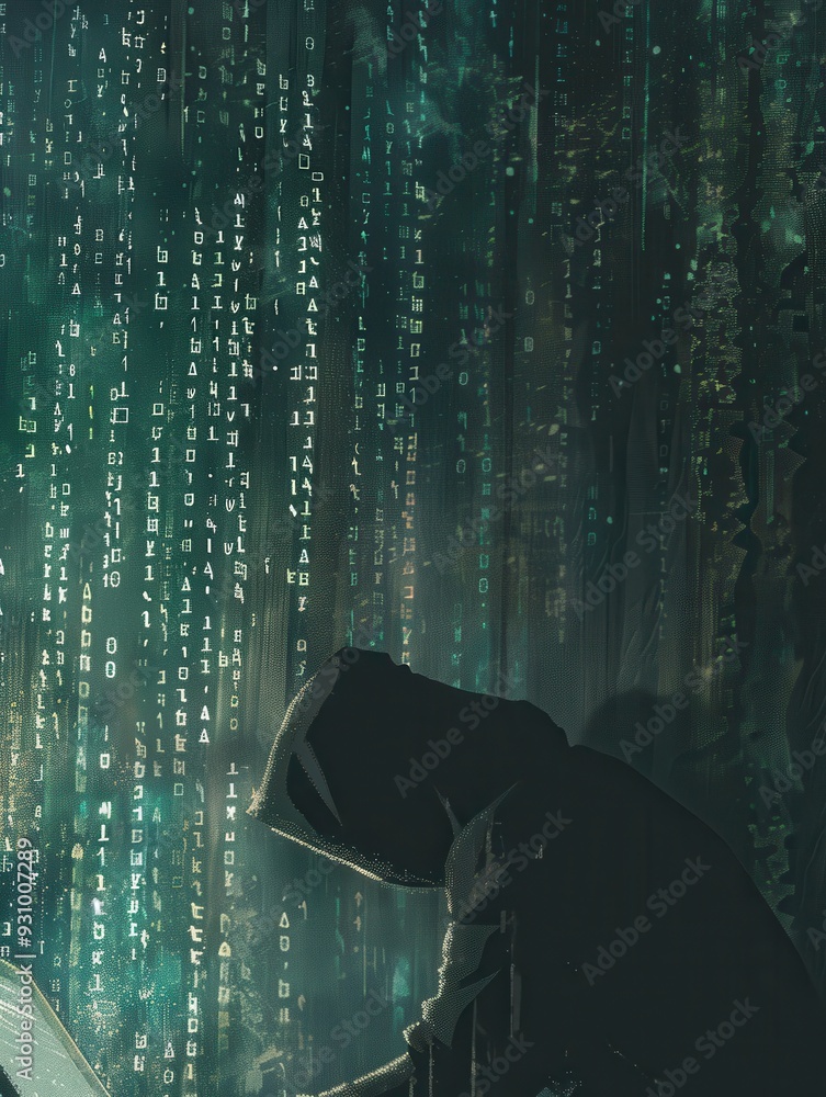 Poster A hacker in a hoodie focuses intently on the computer as digital code cascades down the large screen, embodying a scene of modern cyber activity. Generative AI
