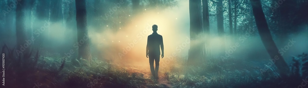 Poster a mysterious figure stands in a foggy forest, illuminated by a glowing light, evoking intrigue and a