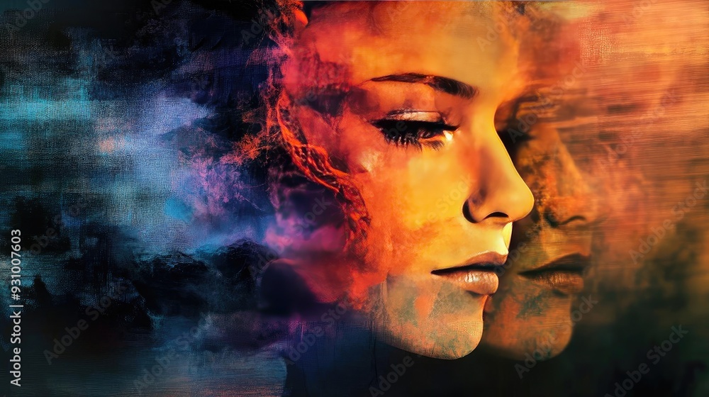 Poster a striking artistic depiction of a woman's face merging with vibrant colors, symbolizing emotion and
