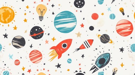 cute seamless pattern of planets, stars and rockets 