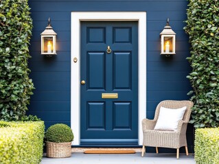Charming blue front door with elegant lanterns, surrounded by lush greenery and inviting chair, perfect for welcoming guests.