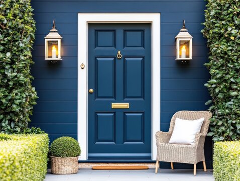 Charming blue front door with elegant lanterns, surrounded by lush greenery and inviting chair, perfect for welcoming guests.