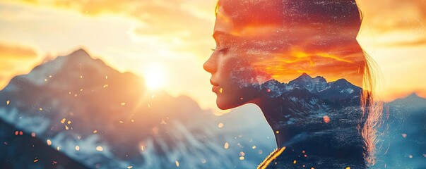 A serene silhouette of a woman with a vibrant sunset and mountains reflected in her profile, conveying tranquility and introspection.