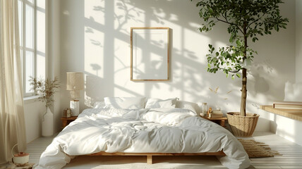 Bright and airy bedroom with a large window, cozy bedding, and indoor plants