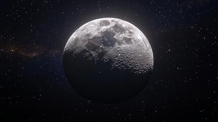 Naklejka premium The high-resolution image displays the moon as seen from Earth, highlighting infinitely magnified surface details and bright light around the moon. The picture quality is astonishingly high-definition
