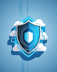 Fototapeta premium Illustration cybersecurity concept: A digital illustration featuring a lock and guard with clouds on a blue background symbolizing secure cloud computing and data protection
