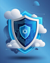 Fototapeta premium Illustration cybersecurity concept: A digital illustration featuring a lock and guard with clouds on a blue background symbolizing secure cloud computing and data protection