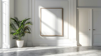Bright and airy interior of a modern room featuring a blank frame and potted plant