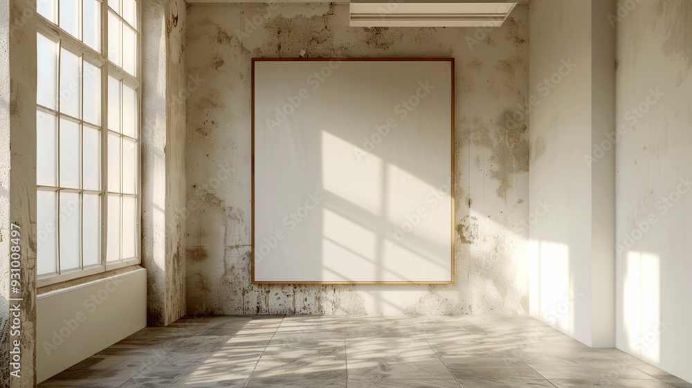 Poster light streams into a minimalist art gallery showcasing a blank canvas in an urban setting