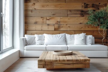 Minimalist modern living room with natural wood coffee table, white corner sofa, and wooden paneling wall: interior design ideas.