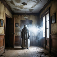 Naklejka premium A spooky yet atmospheric scene, a ghost inside a dark, abandoned house. The room is dimly lit by moonlight filtering through a cracked window, 