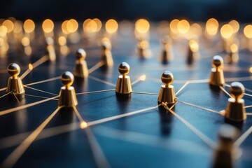 Abstract human figures connected by network lines on dark surface