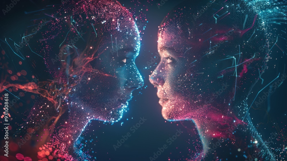 Poster digital connection: two faces intertwined in a symphony of light and color