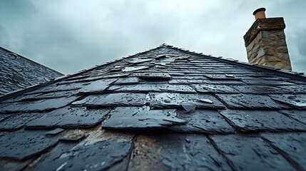 Roof with severe hail damage, showing broken shingles and pooling water, dramatic angle, overcast skies, photo-realistic, high contrast