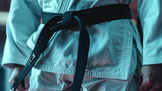 Close up karate coach wearing kimono and black belt in the dojo