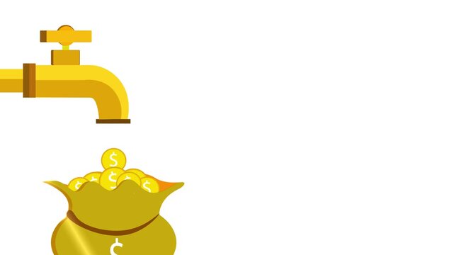 Gold coin Animation Flowing Out of a tap.  illustrating a business that profit, investing, and passive income concept.