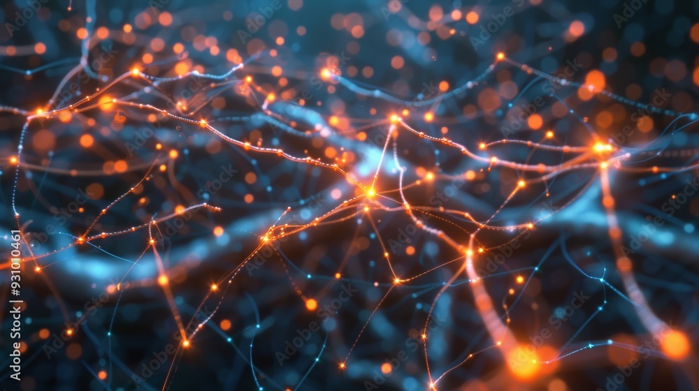 Aufkleber Glowing 3D animation of neural network structure with futuristic digital elements