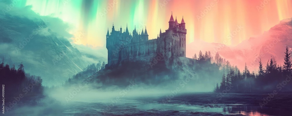 Poster a mystical castle shrouded in fog, illuminated by the vibrant colors of the northern lights, creatin