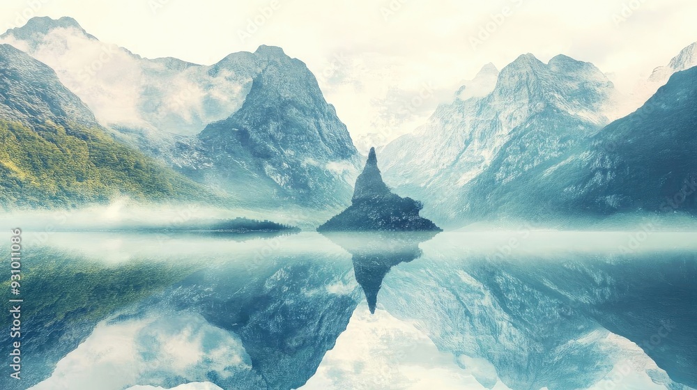 Aufkleber serene mountain landscape with a tranquil reflection in calm water, enveloped by mist and soft, ethe