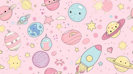 cute seamless pattern of Kawaii Space, Planets