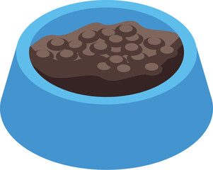 Blue bowl is filled with brown dry food for cats or dogs