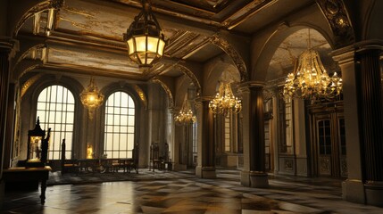 Fototapeta premium A grand and opulent palace hall with intricate gold detailing, ornate chandeliers, and arched windows.