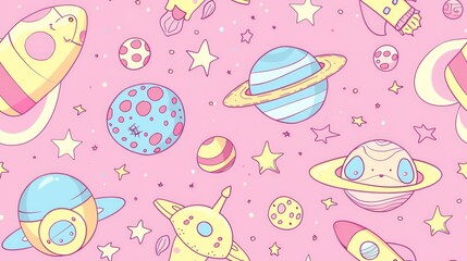 Naklejka premium cute seamless pattern of Kawaii Space, Planets