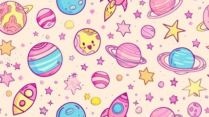 cute seamless pattern of Kawaii Space, Planets