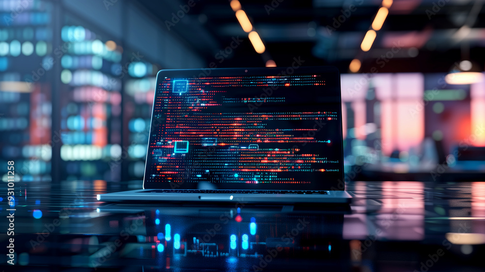 Poster software codes display on screen of a laptop on the table in modern office, web development software