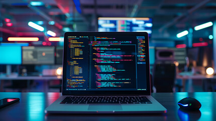 software codes display on screen of a laptop on the table in modern office, web development software engineering cybersecurity 