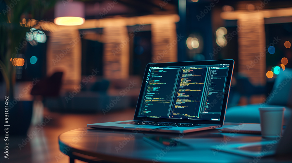 Poster software codes display on screen of a laptop on the table in modern office, web development software