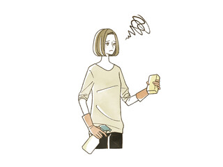 困った表情で掃除道具を持っている女性