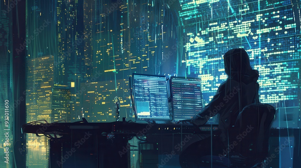 Poster A silhouette of a hacker in a hoodie operates a computer with glowing screens filled with flowing code against a backdrop of a city skyline. Generative AI