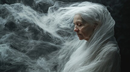 Portrait of Old Woman in White Costume on Black Background