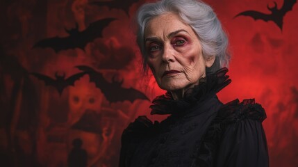 Mystical Vampire Old Woman in Halloween red background