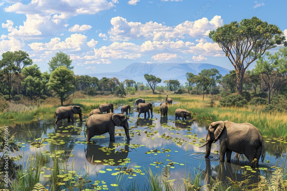 Poster several elephants are gathered around a waterhole, drinking and socializing in their natural habitat