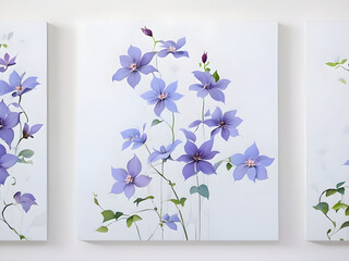 Set of 3 wall art panels with soft clematis vines spiraling upwards, painting on a pale periwinkle background,