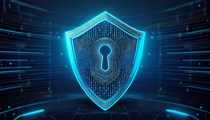Illustration of cybersecurity concept: A futuristic lock and guard illuminated by neon lines on a blue background, symbolizing data protection, digital security, and technological defense