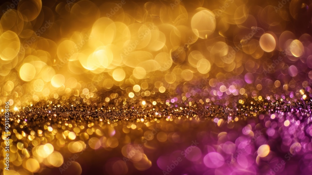 Poster gold horizontal pattern with purple bokeh, soft light, copy space
