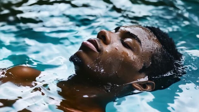Young athlete is floating with his eyes closed in a pool of cold water as a recovery treatment after an intense workout