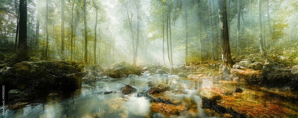 Aufkleber A serene forest scene with soft sunlight filtering through trees beside a gently flowing creek, creating a peaceful atmosphere.