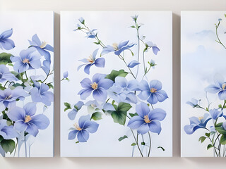 Set of 3 wall art panels with soft clematis vines spiraling upwards, painting on a pale periwinkle background,