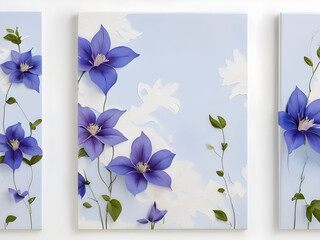 Set of 3 wall art panels with soft clematis vines spiraling upwards, painting on a pale periwinkle background,