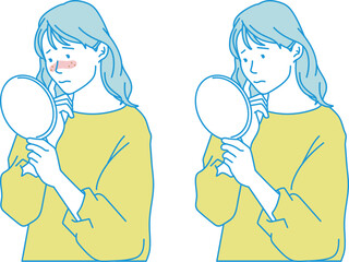 鏡を見ながら肌荒れを気にする女性のシンプルイラスト