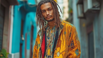 Obraz premium portraits of a young man with expressive features and a bold fashion sense.